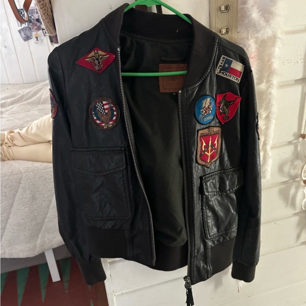 Women’s Bomber Jacket with Patches. Black/Brown color. Size S